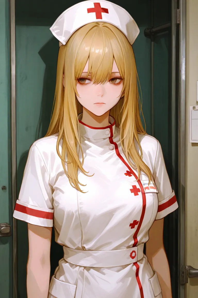 Blonde, long hair, white nurse costume,expressionless,남자 자지 circumstances,circumstances, face