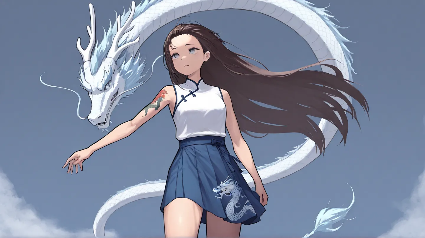 background sky,  1 girl, panaet, blue-grey eyes,  long thigh-length hair , Dark brown hair , open forehead , Sleeveless white top , blue skirt,  dragon tattoo, black outline tattoo without color,  forearm tattoo , light blue Chinese dragon