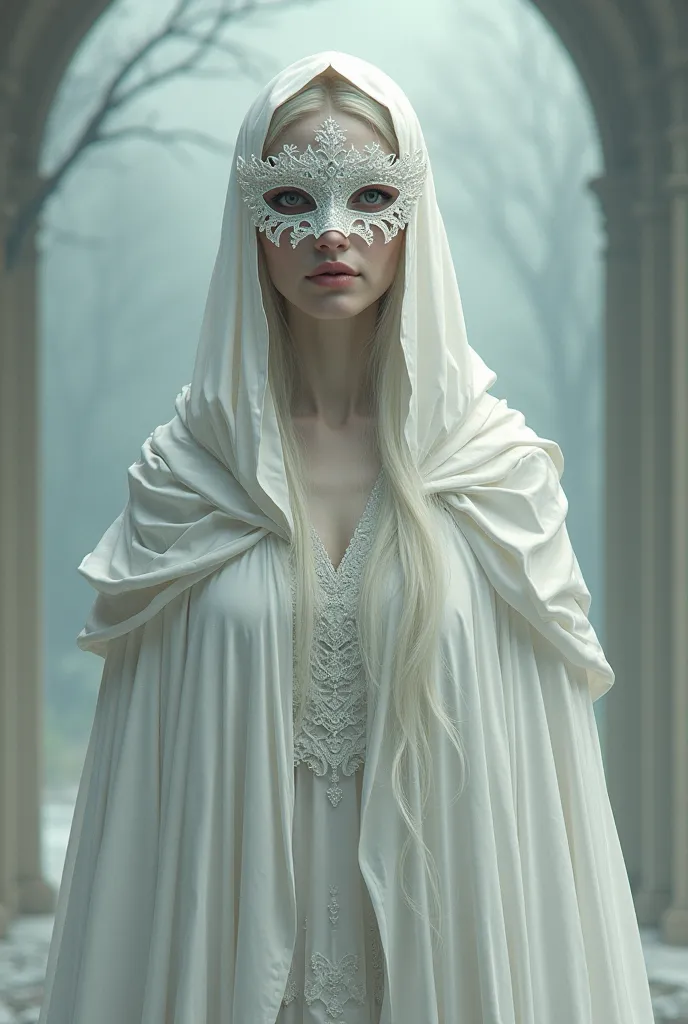 White queen white cloak with a mask on her face, long hair 