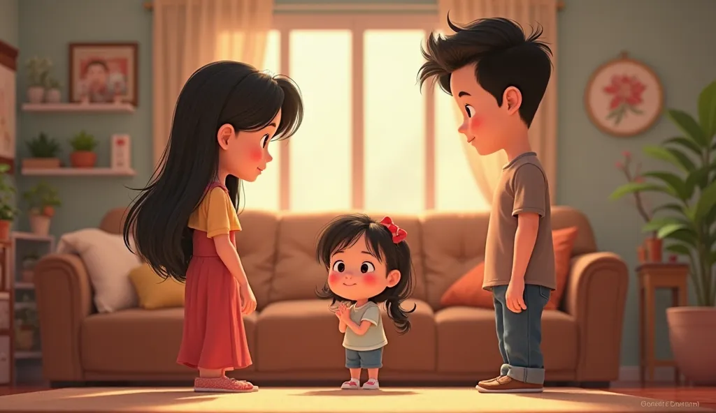 Vietnamese mom and dad are in the living room happily looking at their daughter.  girl stands in front of her parents to ask for permission to hang out. pixar 2d