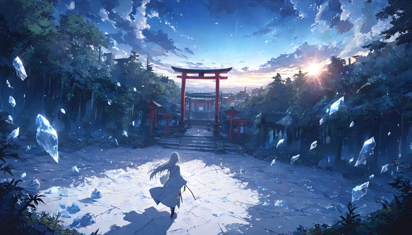  (((Masterpiece))),(((best quality))), A skinny girl with very long silver hair. celestial long robe, A scene where your back is turned towards you, city after the apocalypse, A world where big cities are in ruins, from behind, (wild plants), shrine, torii...