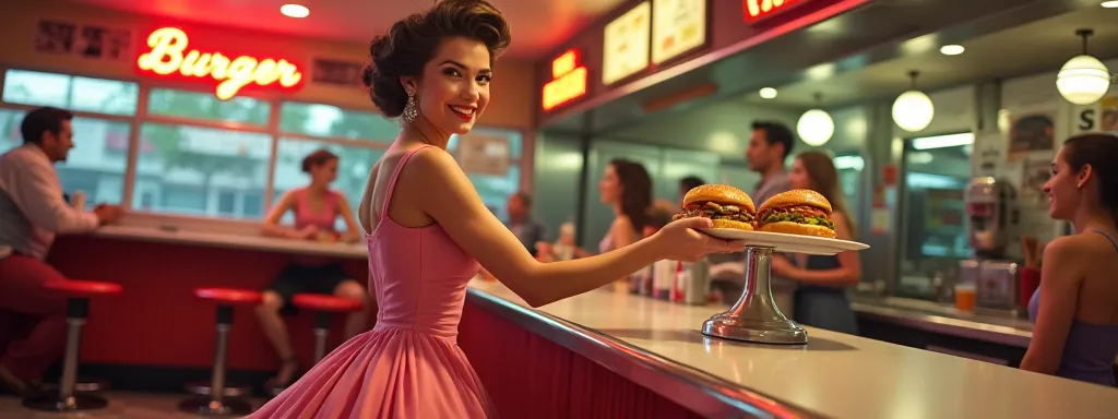 a woman in a pink dress from the 50s serving food in a classic burger bar
