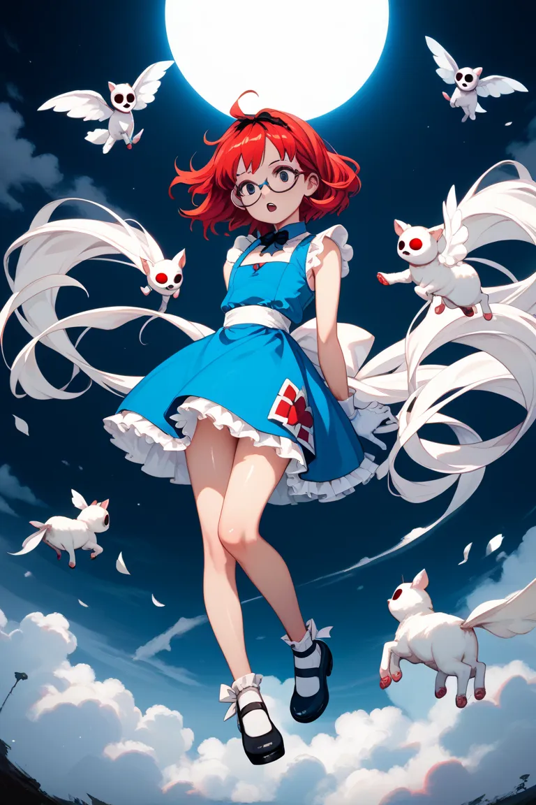 alice in wonderland, full body, looking away, focus on the girl, arms behind back, shiny skin, petite, 1 girl,  short red hair, cute anime faces, gloom expression, hollow eyes, Slightly open mouth, flat chest best quality, white gloves with body,tickle wit...