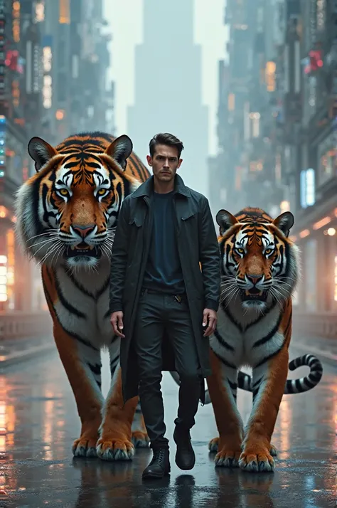 A realistic photo of a man in a black jacket walking side by side with a very large tiger, both walking directly towards the camera in a straight line, with a futuristic city in the background.