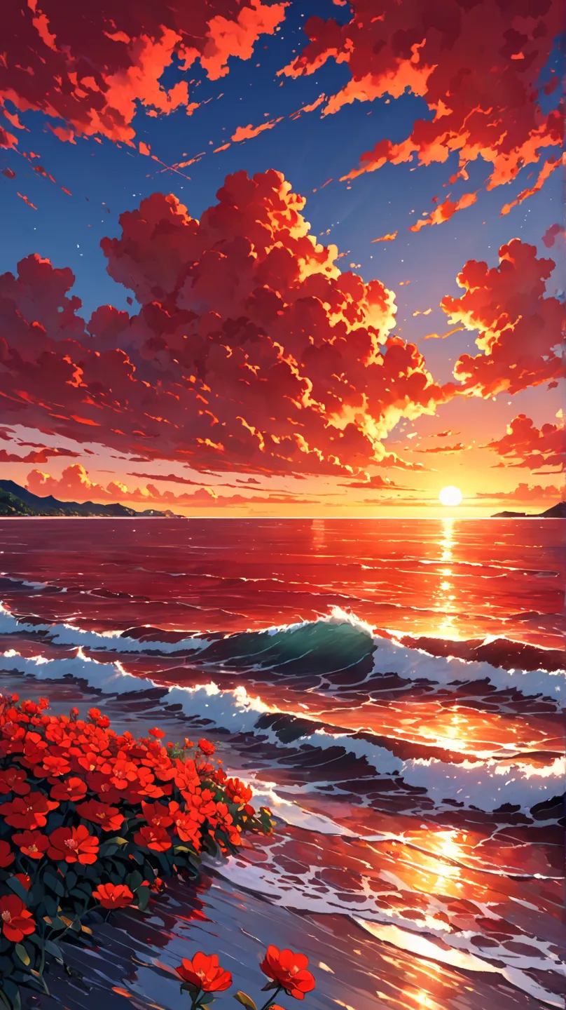 A breathtaking ocean view at sunset, where the entire scene is bathed in a deep, warm red glow. The sky and sea are not in their usual vibrant blue but instead have a rich reddish hue, creating a dramatic and surreal atmosphere. The horizon is marked by a ...