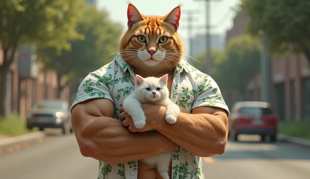 In cinematic 3d realistic style""A muscular bodybuilder cat wearing white colour full shirt with green flower printed shirt and full white pant . The cat is strong, with noticeable muscles, musicular arms,six pack abs,cat holding a white colour cat cub on ...