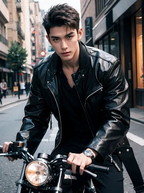 Caucasian male, nasolabial,  thin lip ,  brown-haired girl, Black Hair,  athletic body,  veined hands ,   wide chest  ,  tall body  ,  young handsome face, sharp stare  , wear 1 accessories (a handsome watch) , Wearing a cool jacket  ,  riding a motorcycle...