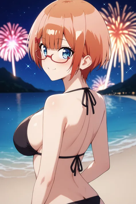 masterpiece,best quality,{{detailed beautiful face and eyes}}, very detailed background,
Rizu Ogata,{{{megami magazine}}},short hair,orange hair,glasses,red-framed eyewear,red bow,blue eyes,large breasts,
1girl,((black bikini)),
aerial fireworks, blurry ba...