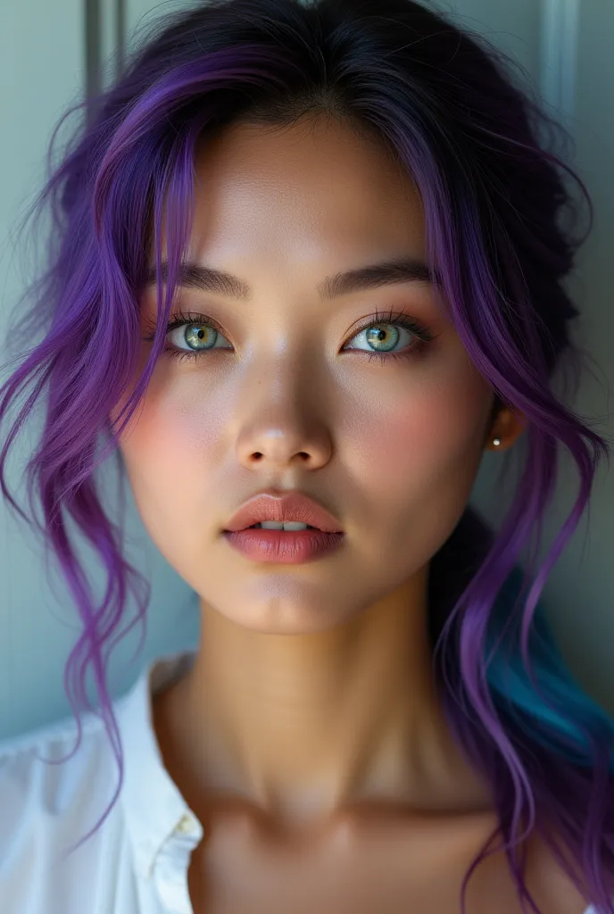 ((( The best quality ))), highly detailed, High resolution . Japanese/European woman 30-year-old , brushed purple and blue hair, light green eyes , Silicone filler , brown skin