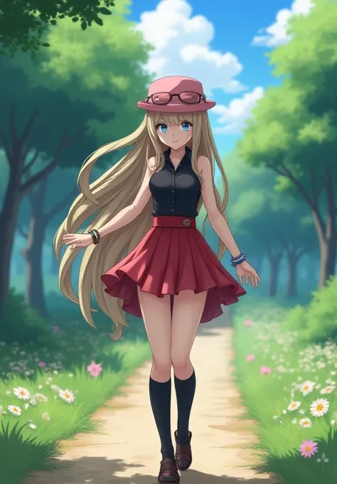 ((masterpiece,Best quality socks)), absurdities, serena \(Pokémon\), 1 ,  long hair,  detailed blue eyes, detailed students, quadris, thighs, sexy adult, breasts,  tall socks,  long hair, tem, jewelry, bracelet, black  tall socks, layer, pleated skirt,  re...