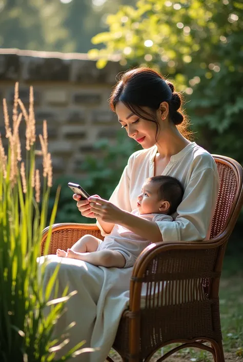 Woman sitting in a chair in her garden carrying a baby while answering a message in the. cell phone, against the background of a wall by reeds 