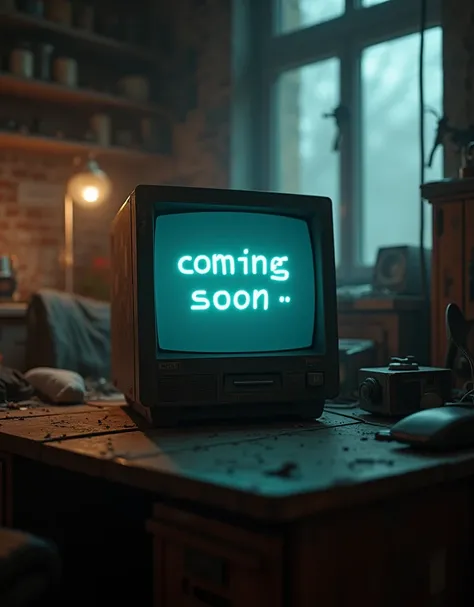 detailed cinematic dof render of an old dusty detailed CRT monitor on a wooden desk in a dim room with items around, messy dirty room. On the screen are the letters "comming soon 😱" glowing softly. High detail hard surface render