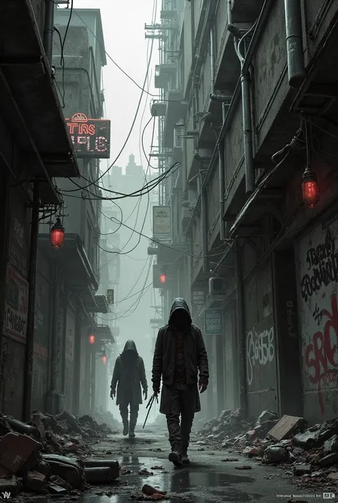 Concept Art,  black white , Cyberpunk underworld, grim, dark, delinquency, Neon lights