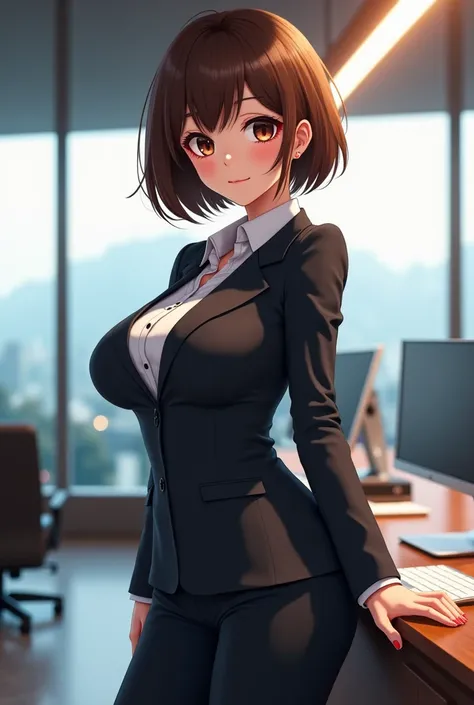 Anime, lllustrious. 2.5 D, 3.0 D, one girl, business suit, brown eyes, massive breasts, hairstyle brown bob cut, pear shaped body, location office ,action she looking at you while she showing her butt