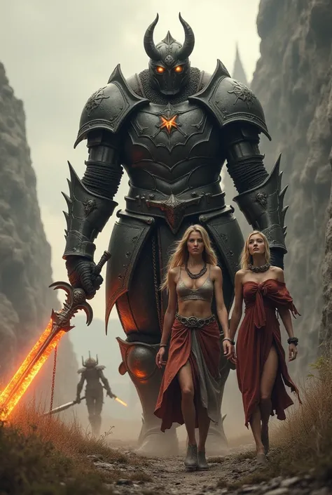  A humanoid monster　1m tall　, a monster with high intelligence wearing iron armor　火のついた with a sword　 walks on medieval battlefields 　 two beautiful women with collars that follow, chains connected to collars　female knight　 with a sword　women are the wife ...