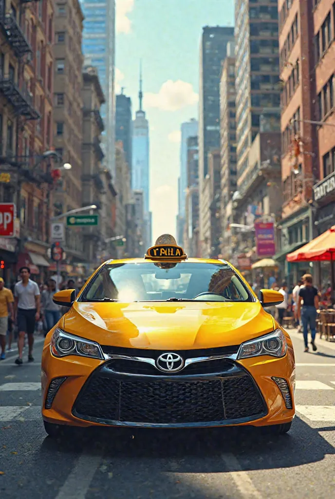 A yellow taxi honks on a street