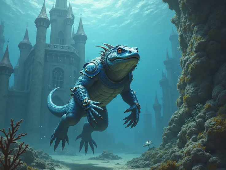 a muscular newt, With blue warrior armor, swimming next to an underwater castle