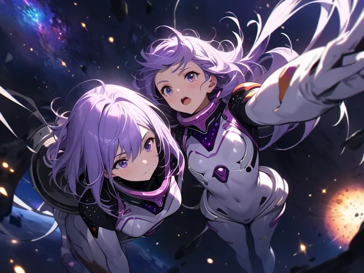 ((((  masterpiece)))), (((( top quality made of straw)))),  high definition,masterpiece,fine grain, detailed faces,3 girls, purple hair,Near future,mechanical,Tight fit,pilot suit with gloves,full body,(((( Cosmic Space)))),drifting through space,Surroundi...