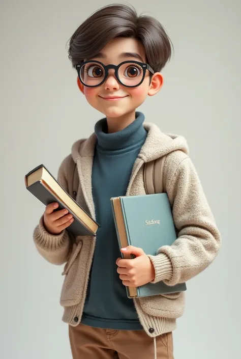 A  teenager, with smooth and well-groomed hair, wearing modern frame glasses. He is dressed in a turtleneck t-shirt and a light sweater, combined with dress pants and comfortable sneakers. His eyes are focused and curious, reflecting his passion for learni...