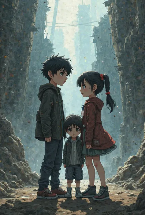 Nico di Angelo and his sister Bianca di Angelo, by Percy Jackson, with another boy with hair and black eyes.  anime style of Shingeki no Kyojin . 