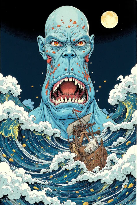 UmibozuのUkiyo-e, Umibozuは船を襲う妖怪,Composition of a giant figure looking down on a ship in rough waves,spooky and bizarre,Umibozuの巨大さを強調,sailors' fear,Only both eyes rise from the surface of the sea into the dark sea,by Umibozu,Umibozuは滑らかな肌や禿げた頭,Add decorati...