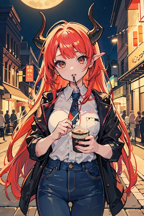 (1 girl), ( dragon girl ), ((Oriental dragon horns growing from her head)),  asymmetrical hairstyle , (super high quality),  masterpiece, cowboy shot, Dragon Eye , Crimson Hair, Mid cut, Tie the tips of her hair, Casual Scene, she wears trendy clothes,  mo...