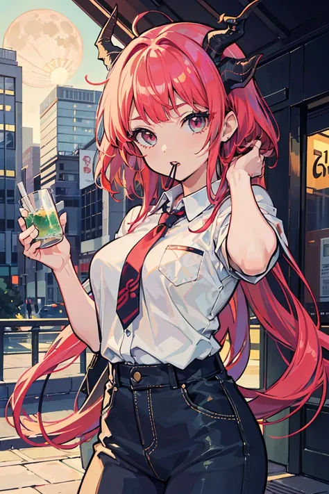 (1 girl), ( dragon girl ), ((Oriental dragon horns growing from her head)),  asymmetrical hairstyle , (super high quality),  masterpiece, cowboy shot, Dragon Eye , Crimson Hair, Mid cut, Tie the tips of her hair, Casual Scene, she wears trendy clothes,  mo...