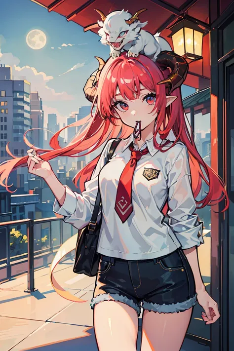 (1 girl), ( dragon girl ), ((Oriental dragon horns growing from her head)),  asymmetrical hairstyle , (super high quality),  masterpiece, cowboy shot, Dragon Eye , Crimson Hair, Mid cut, Tie the tips of her hair, Casual Scene, she wears trendy clothes,  mo...