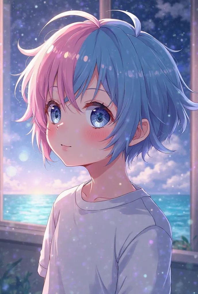 1 boy shota anime, hair has 2 shades of pastel pink and blue, eyes as beautiful and mysterious as the Milky Way, with a circular pattern and a five-pointed star in the eye, he had soft pink white skin,  wearing t-shirt  , sigh, indoor scenery