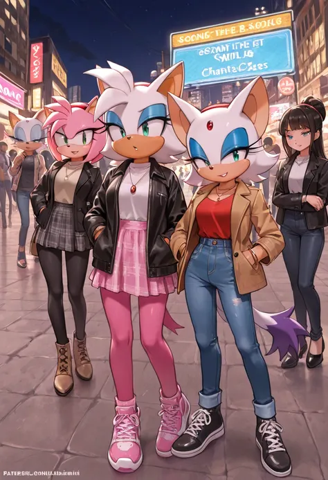 group of a group of people standing and talking standing next to each other, multiple girls, 6+girls, denim, jeans, jewelry, pants, multiple boys, skirt, jacket,Rouge the bat, makeup, green eyes, bat ears, white hair, blue eyeshadow,sonic \(series\), blaze...