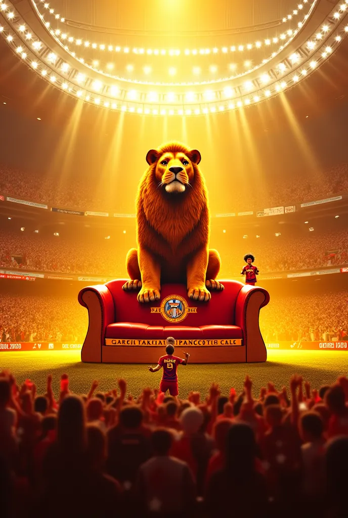 The interior of a magnificent stadium, shines with yellow and red lights.  in the center , has a large seat; above the seat, with an imposing lion figure, x} lion wearing a Galatasaray jersey. Lion, dominates the atmosphere of the stadium with its strong s...