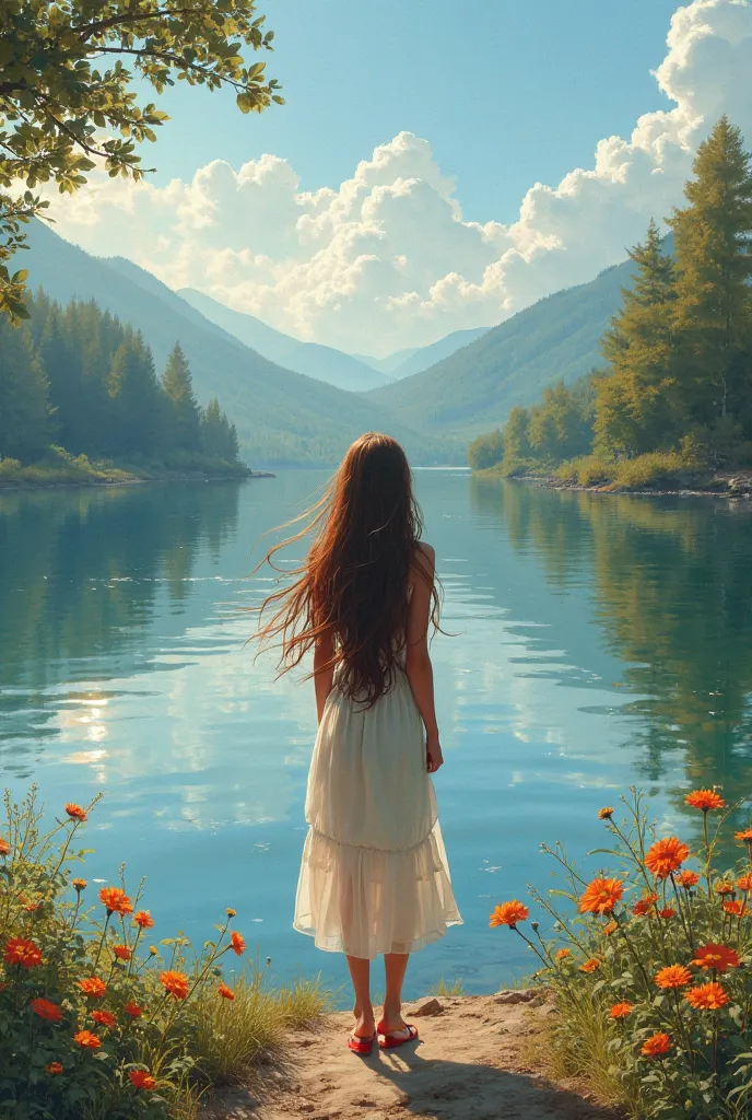 woman with a back with long brown hair looking at the horizon on a lake full of flowers and trees with a beautiful blue sky