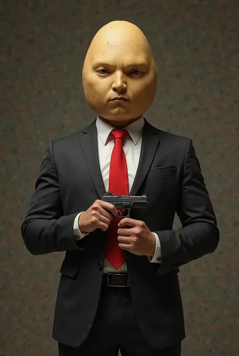 Realistic potato man, its like a muscled man with a potato head and skincolor is normal beige and he is dressed in a black suit with a red tie like hitman and he is holding a pistol in hes hands