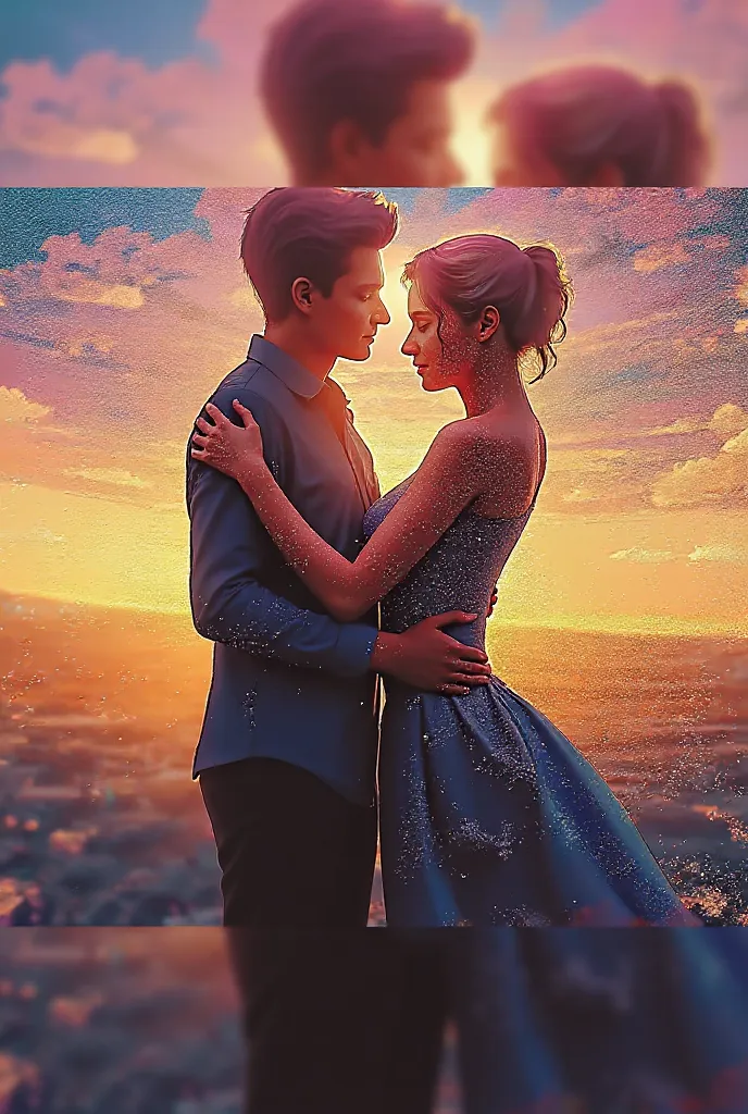 Create an image where you join these two people and they are hugging each other and give it a sunset-like background in pink and yellow colors 