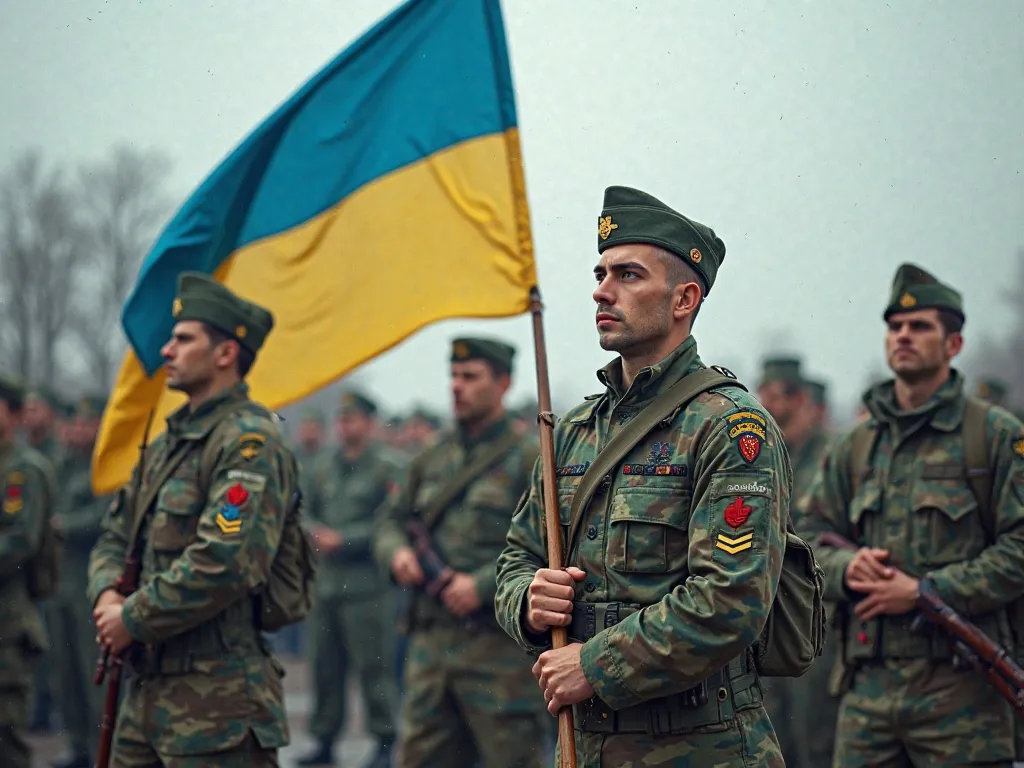 unusual inscription "Zhytomyr Public" against the background of military personnel with the flag of Ukraine 