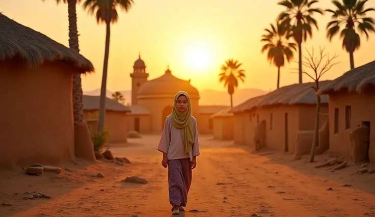 
A peaceful small village during the golden hour. Mud-brick houses, palm trees swaying gently, and a small masjid in the center. Amina, a young girl in a simple hijab, walks through the village with a thoughtful expression.

