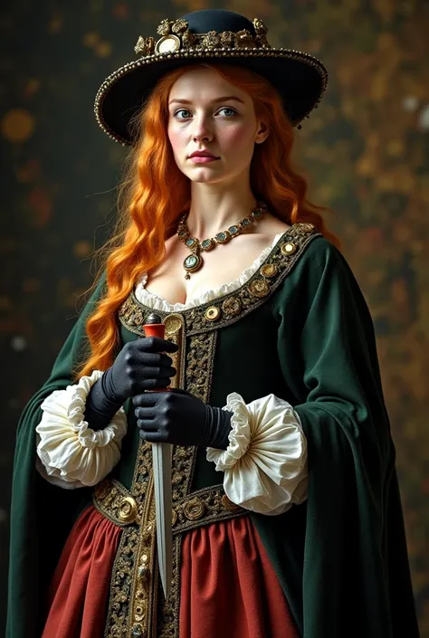 Beautiful 17th Century lady of Nobility, late 20s, cold expression, limbs made of clockwork, chest scars, fine 17th century travelling clothes; gloves, a cloak, a gown, hat. An ornate dagger in her hands, a bottle of poison hanging from a chain at her wais...