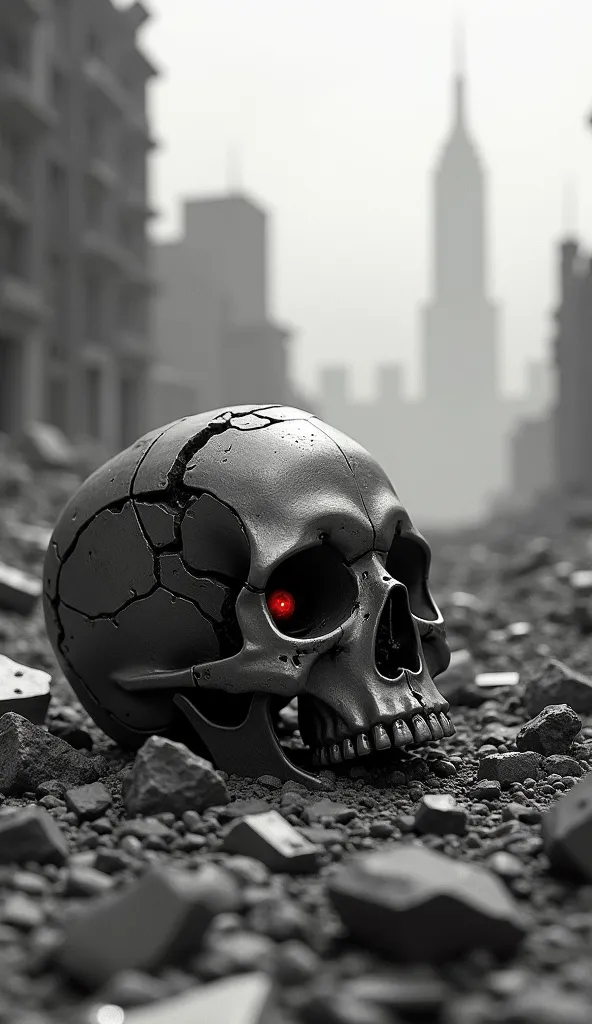 destroyed buildings after war, the rusted iron skull of an iron android red-eyed is tilted to the ground is on the foreground, the whole picture is black and white, depressive but with the hope, ultra realistic, detailed 