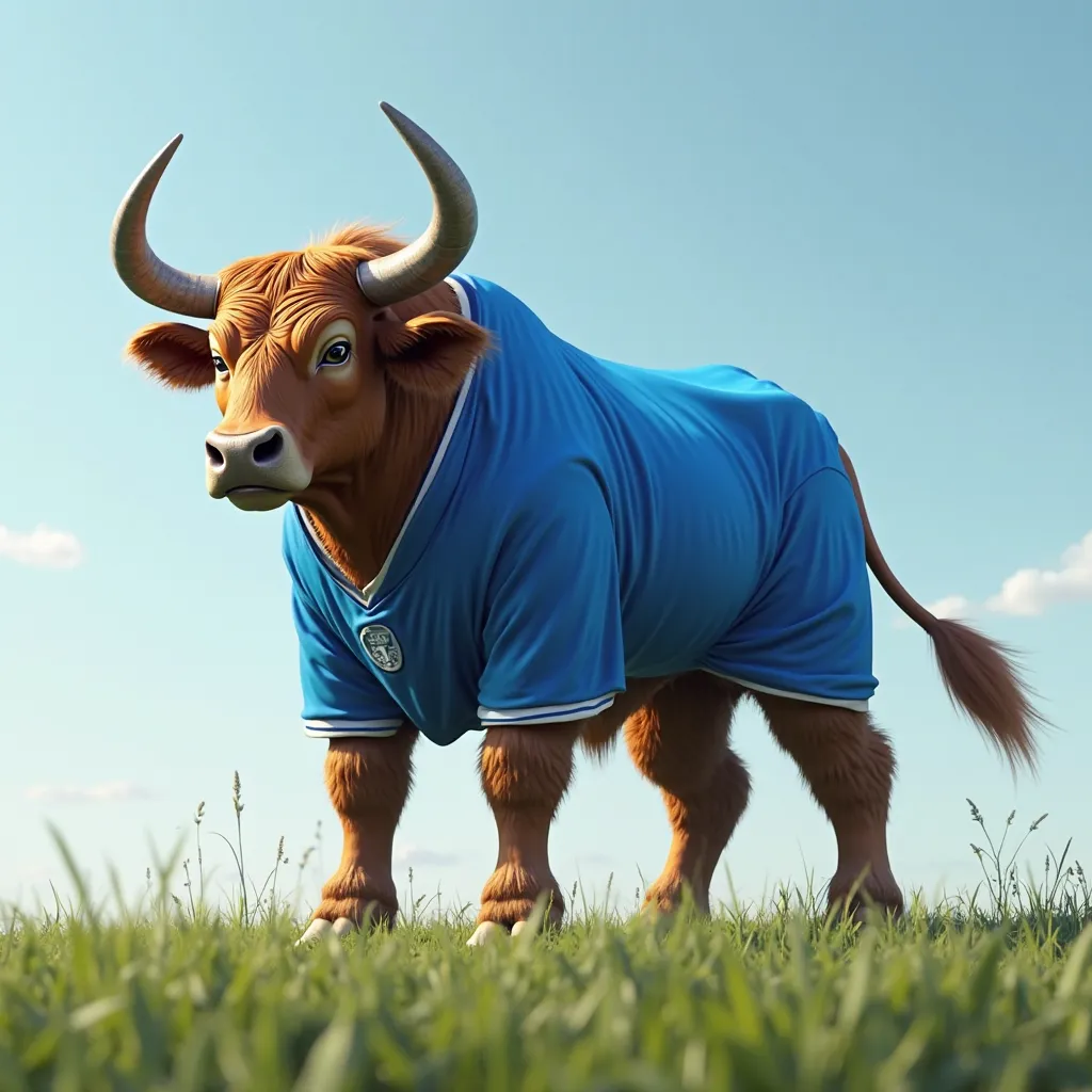 Create a realistic ox, Strong and angry, standing full body. looking forward,  with your hands on your waist. with blue soccer uniform 