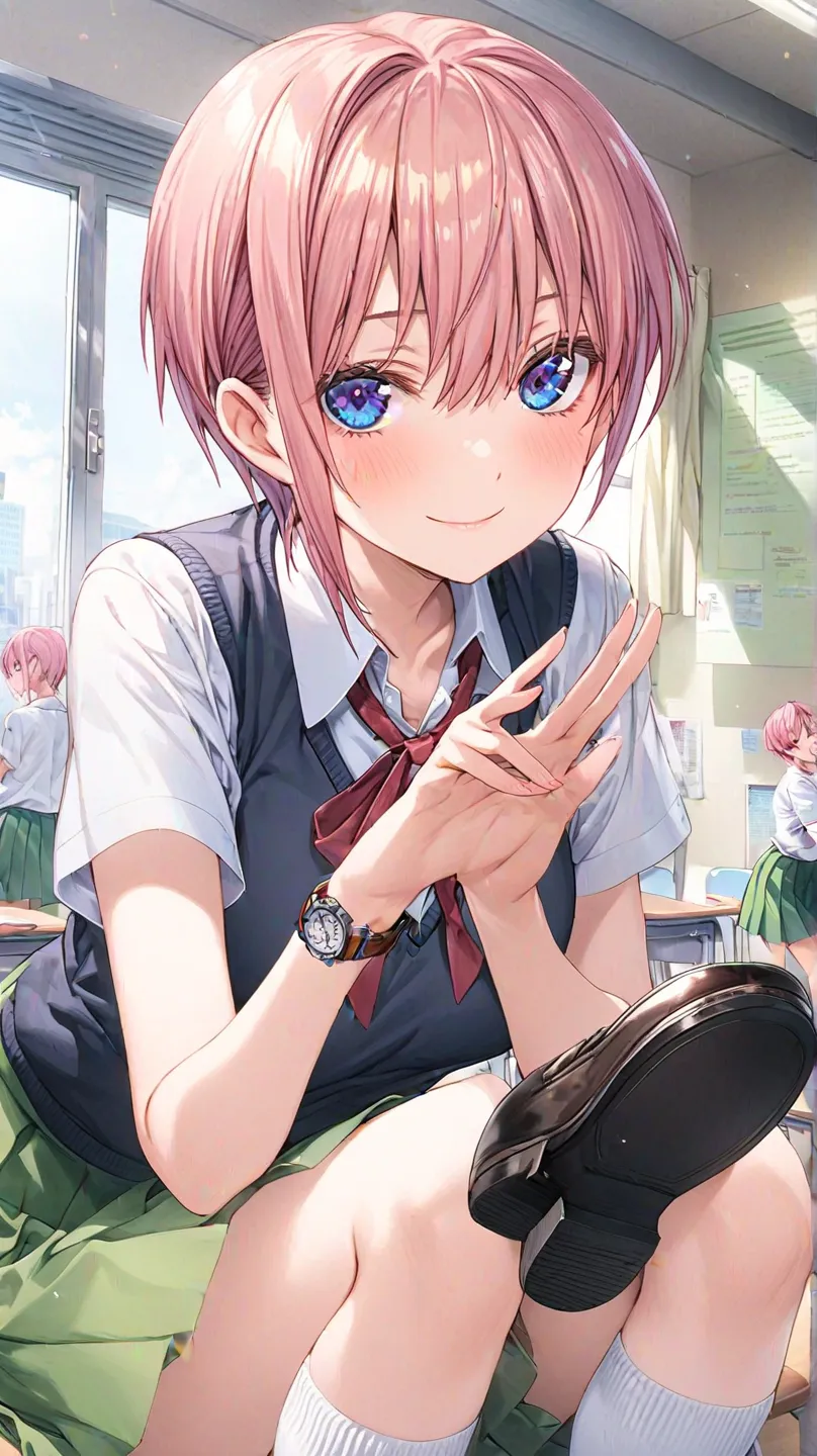  1 girl, solo,
((TOP QUALITY、high definition、Highly Detailed CG Unity 8K Wallpaper))
(  perfect hands,  Anatomy of the completed phase ),

 Nakano Ichika,  short hair, bangs,  blue eyes,  hair between eyes, pink hair, smile,

skirt,  shirt,  school uniform...