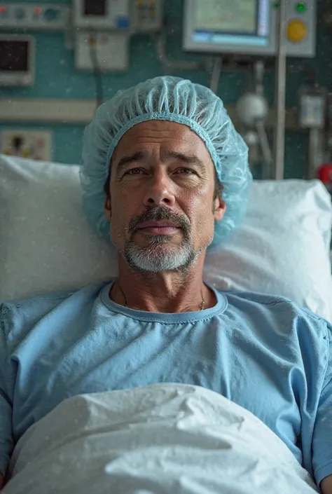 Brad Pitt in hospital wearing a cancer cold cap