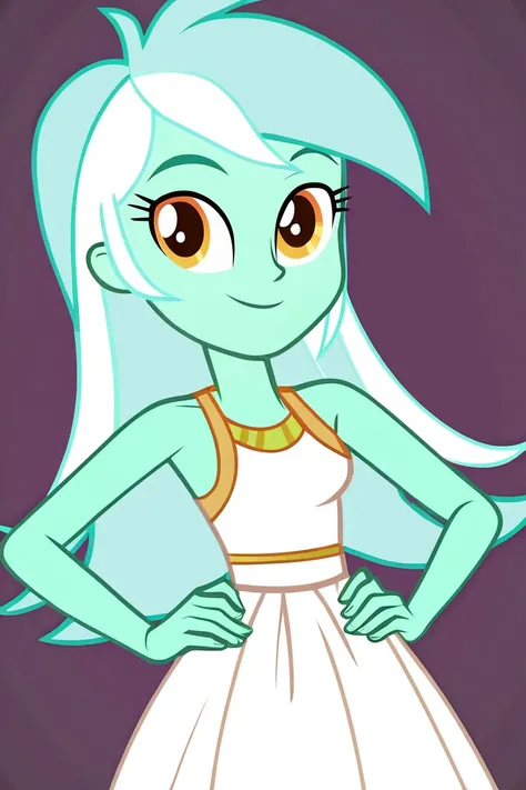 1 girL, solo, Lyra_Heartstrings, equestria_girls, female, looking at viewer, cartoon style, friendly smile, show accurate, WHiTe DRESS with golden details, dance club background, looking at viewer, hands on waist, bare shoulders, 