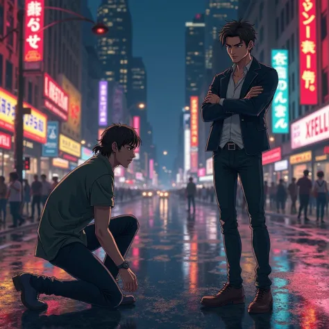 A bustling New York City street at night, neon lights reflecting off the wet pavement. A confident young man with sharp features and stylish attire stands with crossed arms, looking unimpressed. Opposite him, a desperate admirer, disheveled yet determined,...