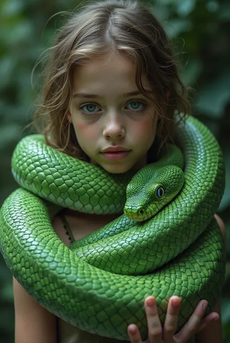 Touching image of a girl with a green snake wrapped gracefully around her shoulders and arms, The snake is the focus, Its scales shine in bright green shadows, An almost otherworldly pattern.  The snake's eyes glow faintly , adds a hint of fantasy, realist...