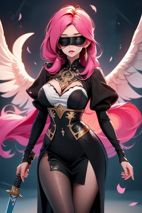 A pink haired female angel with violet eyes and black wings and an hourglass figure in sexy black robes and a black blindfold over her eyes is bloody sword in shadowy realm