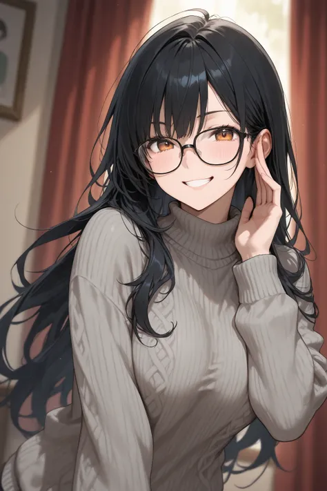  black hair　long hair　Glasses　　sweater　grin　I&#39;m playing a game