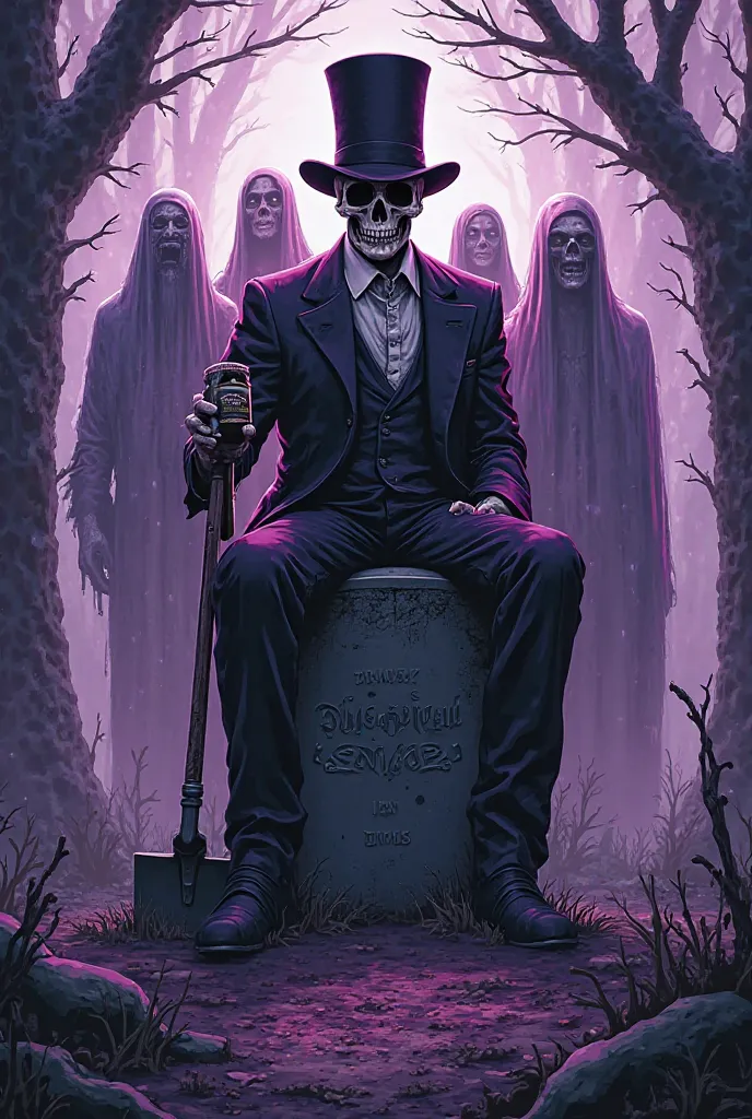 Baron Samedi sitting on the grave with a shovel in his hand, rum in his second hand, back to him standing a family of Ghede without top hats. Make it in violet, purple and white color