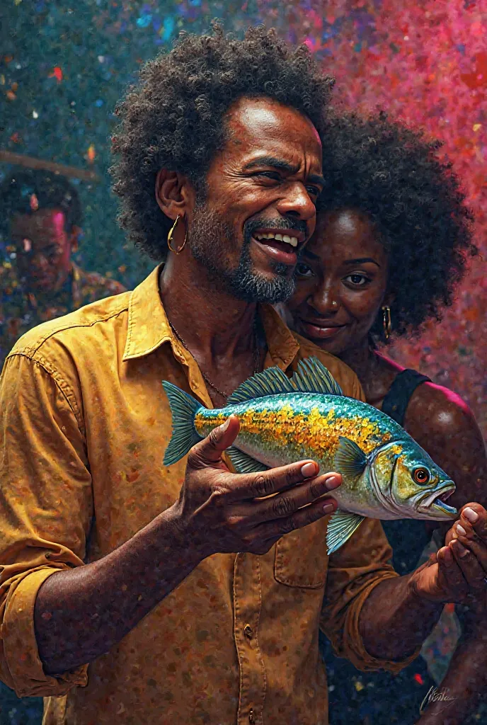 Bezerra da Silva in jazz with a piranha fish in his hand and behind him is a black woman speaking in his ear.