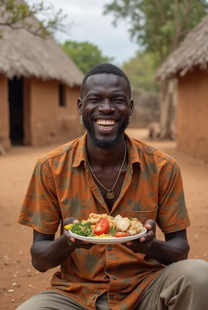 **Prompt en français :**
"Un jeune homme noir joyeux, assis à l'extérieur dans un village africain, en train de manger un plat traditionnel africain avec appétit. Il sourit chaleureusement, avec des maisons en terre et des arbres typiques en arrière-plan. ...