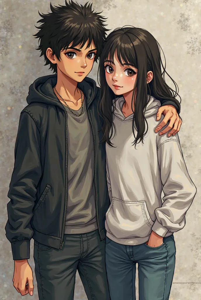 Nico di Angelo in dark clothes aged 17 and his sister Bianca di Angelo in a white sweatshirt and denim pants, by Percy Jackson, And another boy with black hair and eyes at 17.  anime style of Shingeki no Kyojin . 